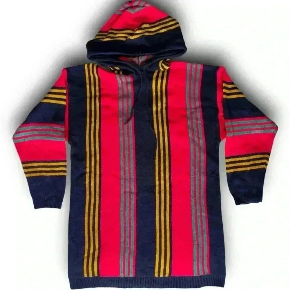 Vintage Baja Hoodie Pullover Multicolor Striped Unisex M Rug Carpet Sweatshirt‎